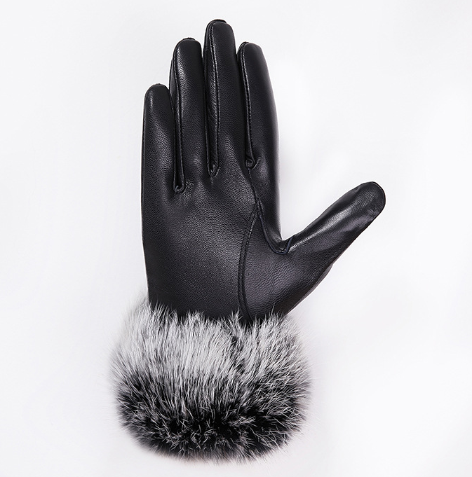 Ladies rabbit hair muzzle leather gloves winter warm riding gloves