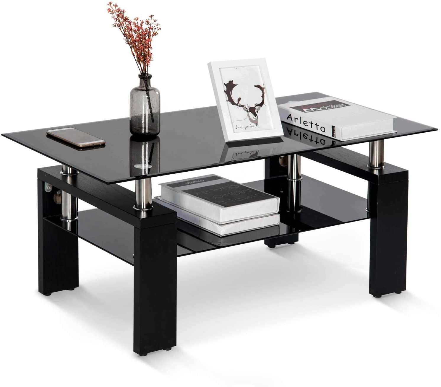 living room black modern rectangular tempered glass tea coffee table with shelf