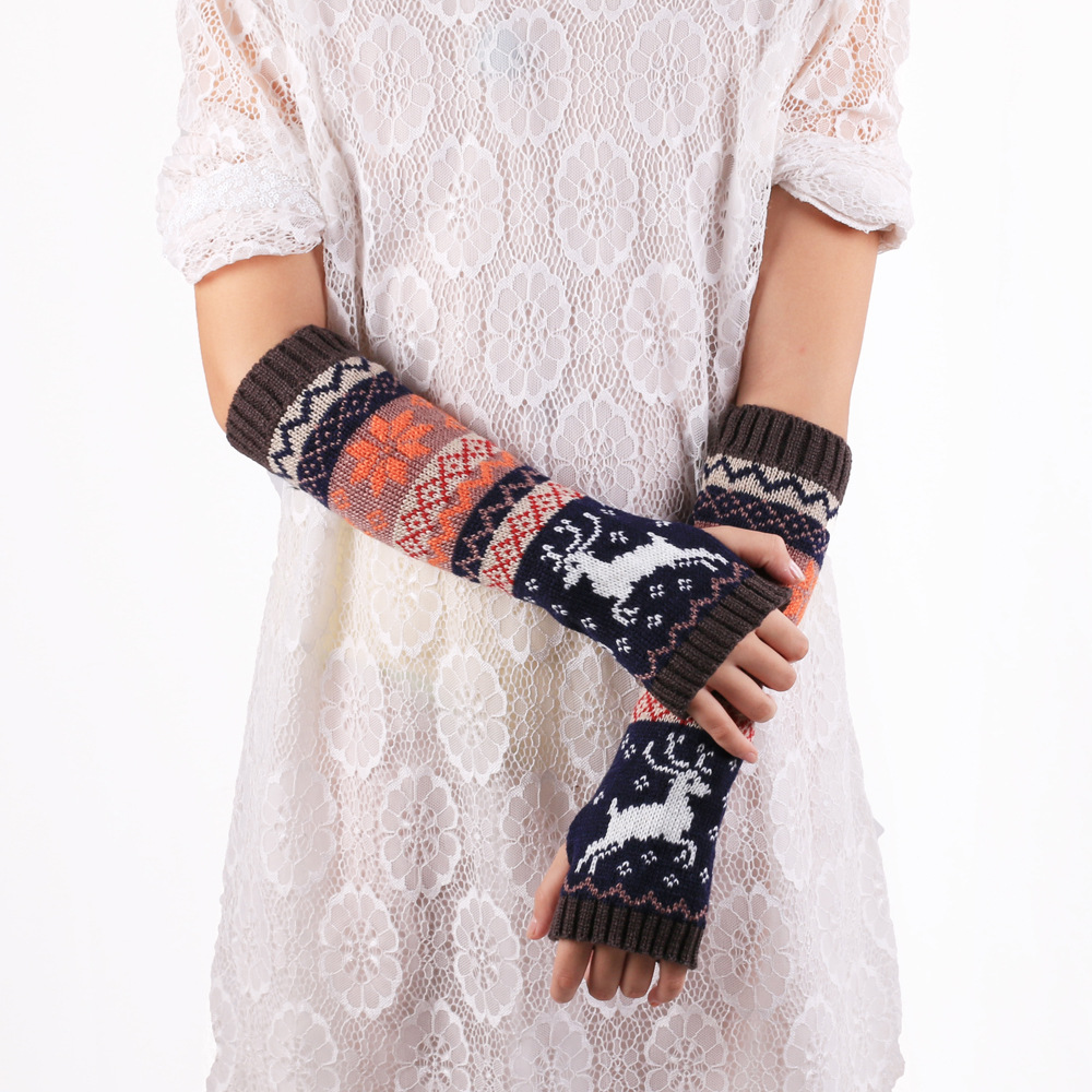Winter warm knitted cartoon fawn half-finger woolen long gloves