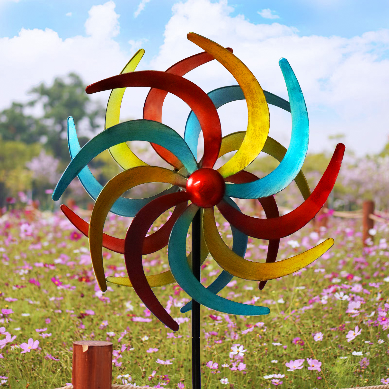 Wind Spinners Willow Leaves Colorful Kinetic Sculpture Metal Windmill with Stake Wind Spinner for Garden Yard Lawn Outdoor Decor
