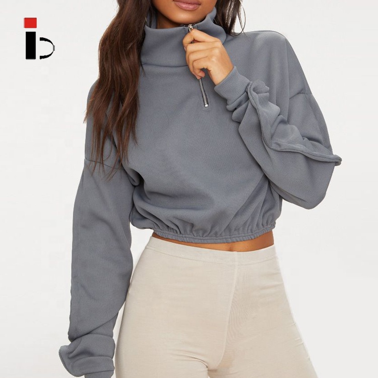 Custom Grey Rib Zip Front High neck Long Sleeve crop top Hoodie for women
