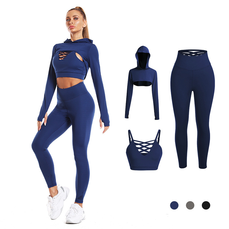 Wholesale ladies knitted activewear gym fitness clothing women 3 piece worikout set