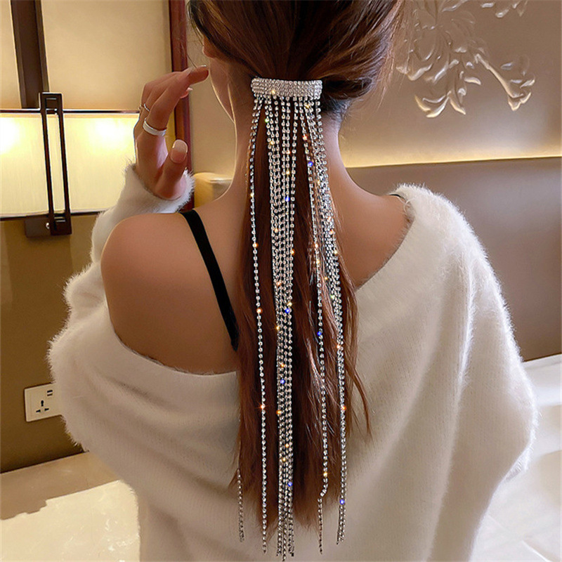 New Fashion Tassel Hair Jewelry Shiny Rhinestone Hairpins for Women Full Diamond Fairy Bridal Accessories