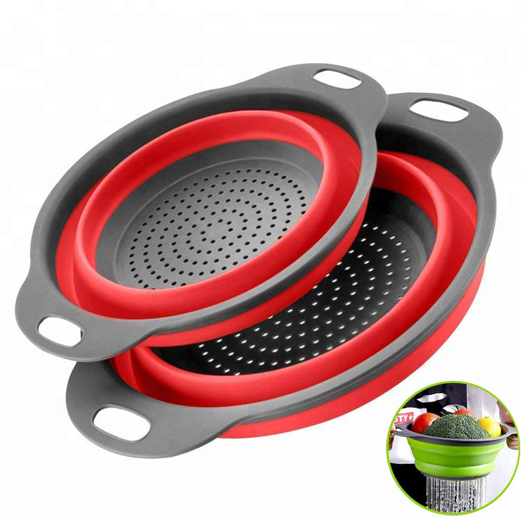 BPA Free Space-Saving Foldable Draining Pasta Vegetable Fruit Kitchen Round Collapsible Strainer Colanders Set of 2