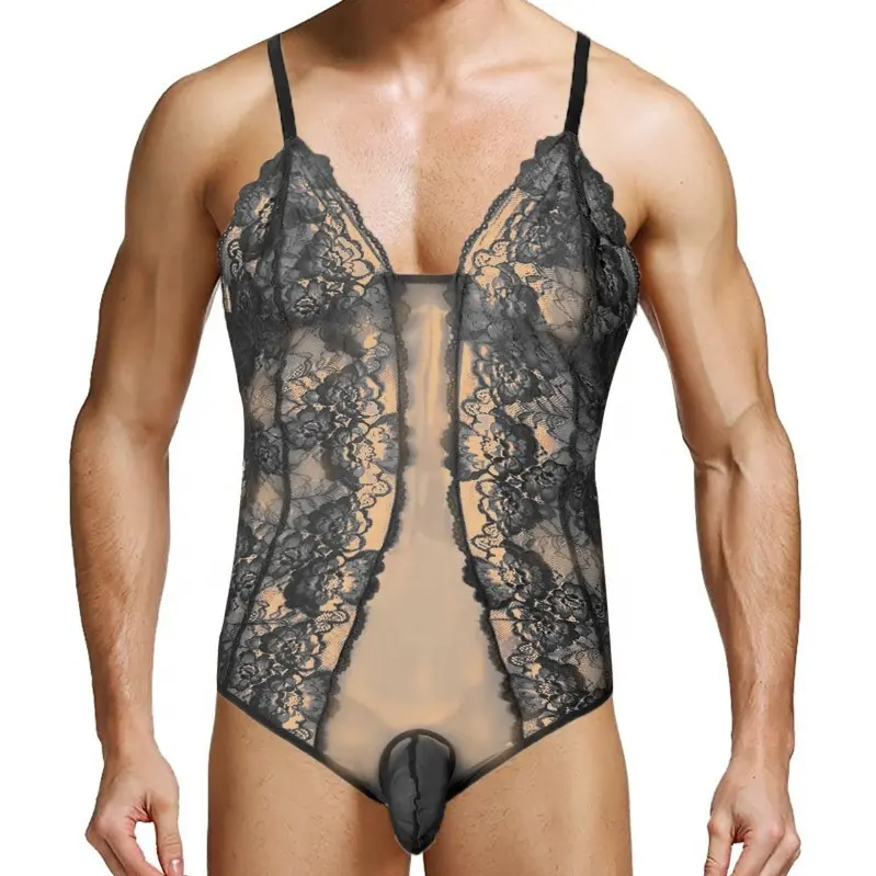 Men's One Piece Sheer Lace Bodysuit Sissy Pouch Thong Leotard Panties Crossdress Nightwear Sleepwear