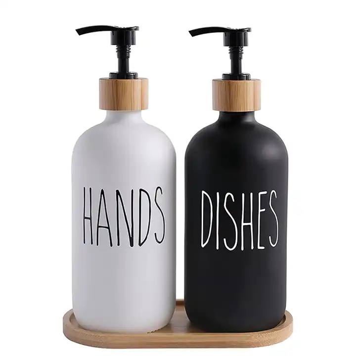 Wholesale 2 Pack White and Black Soap Dispenser Bathroom Accessory Set Lotion Soap Dispenser Glass Set with Bamboo Pumps & Tray