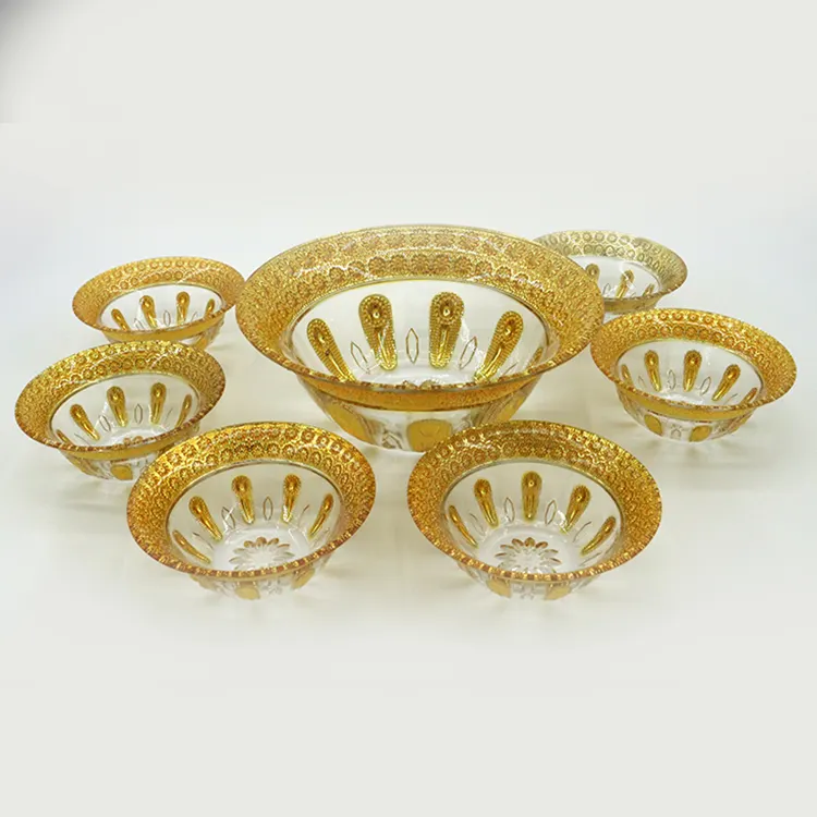 Luxury High Quality 7pcs Golden Crystal Glass For Tableware Decor Salad Fruit Bowl