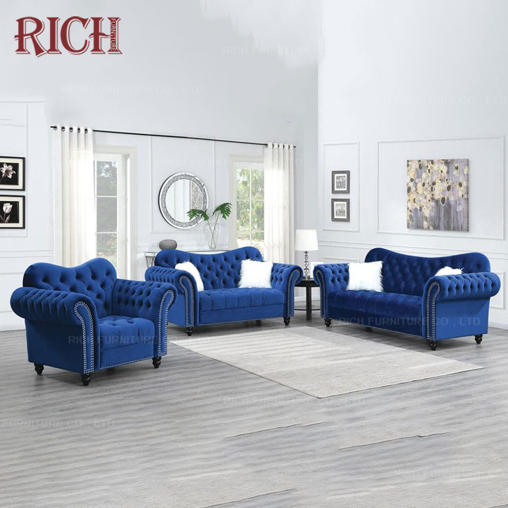 Классический диван Chesterfield Tufed, мебель для гостиницы, 3 места, синий бархатный офисный диван, набор диванов для гостиной