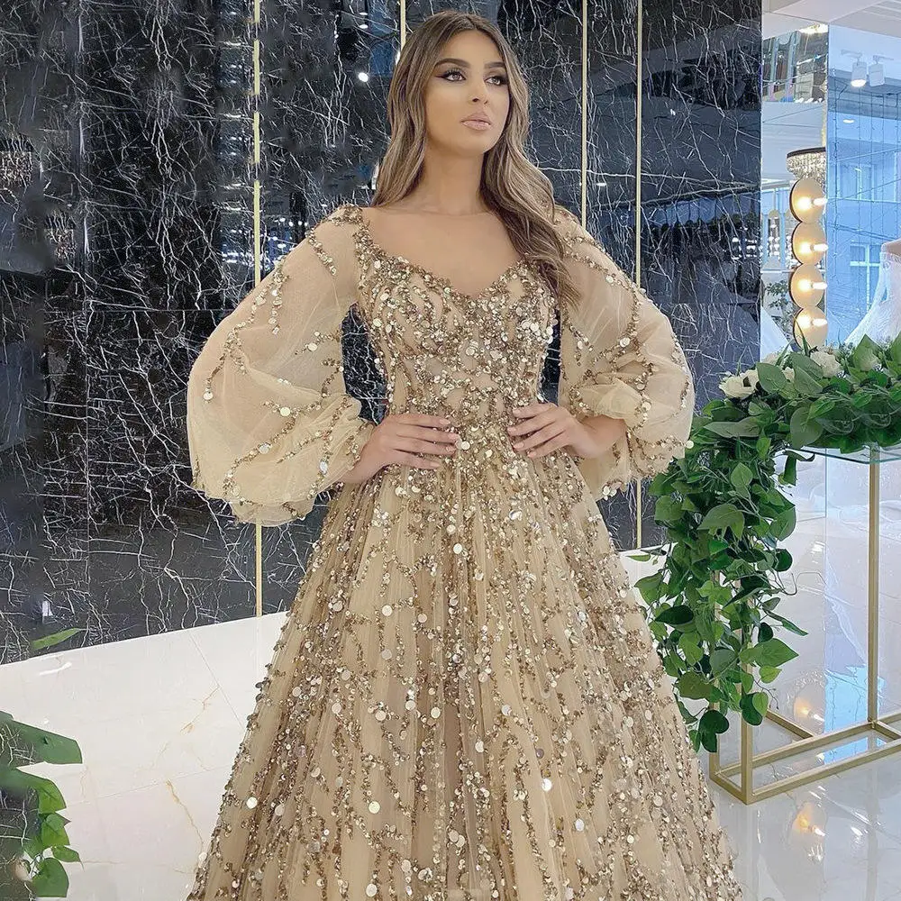 New Chic Elegant Long Sleeve Sequined Evening Dress Gown For Party