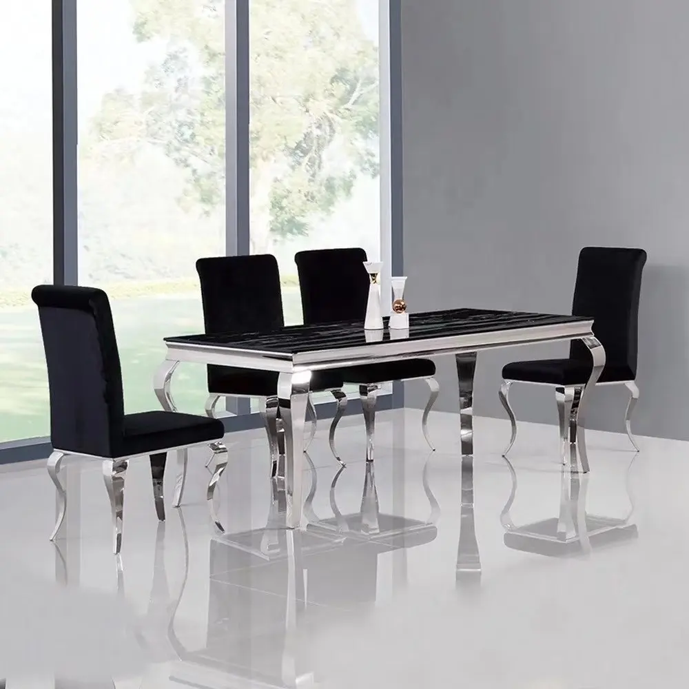 Modern Furniture Silver Dinner Table and Chairs Mirror Glass Top Dining Table Set Transparent Metal OEM Tempered glass