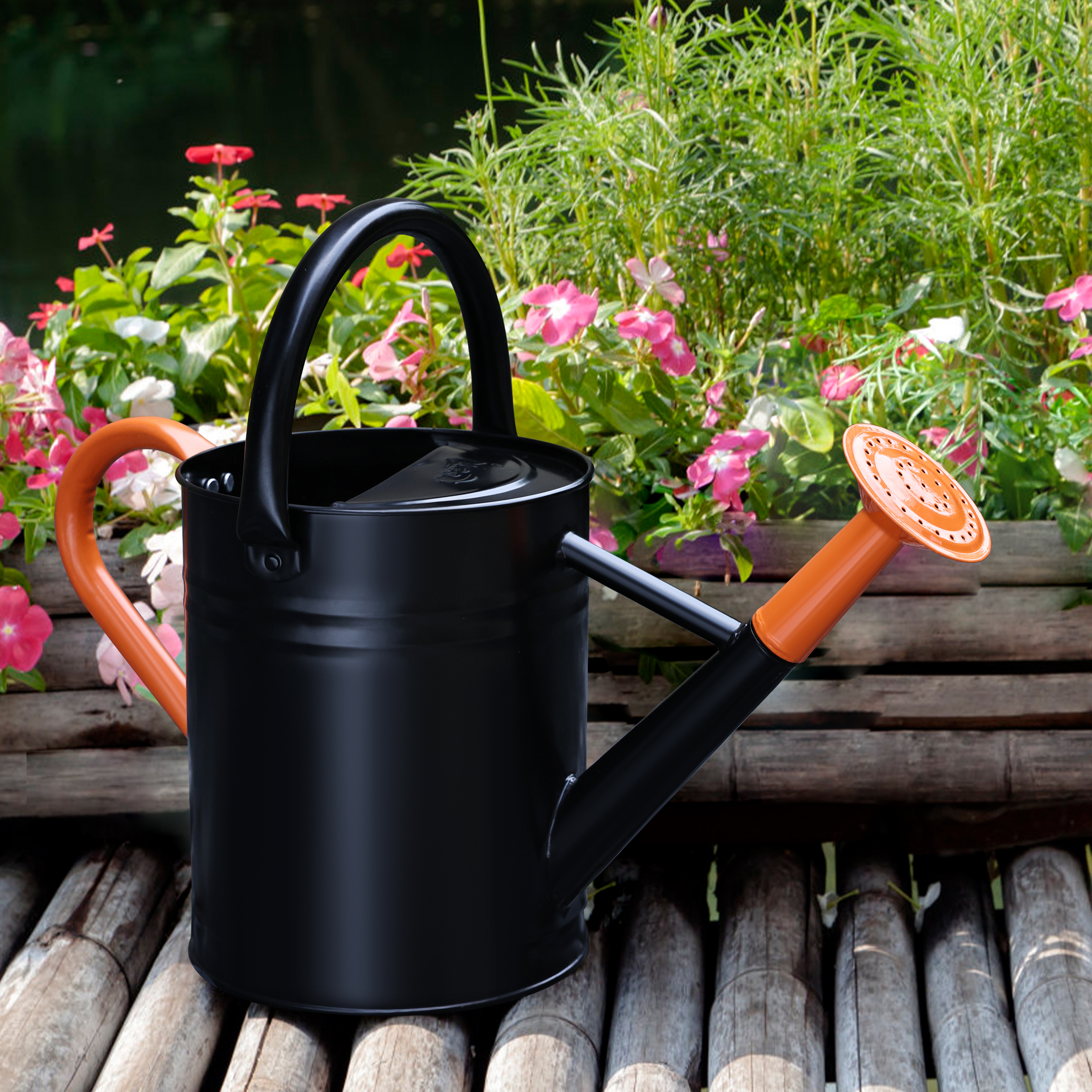 Cesun 1 Gallon Galvanized Zinc Metal Watering Can for Outdoor Black Orange
