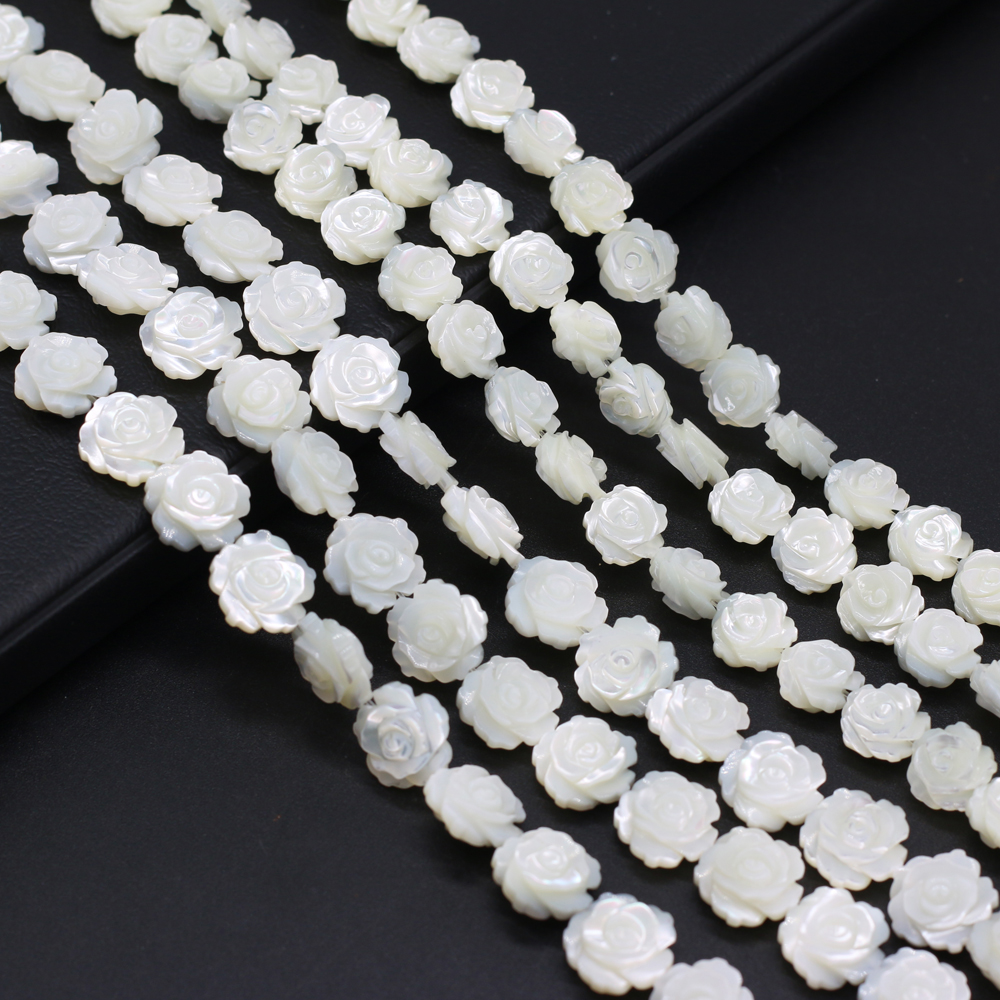 2022 New Arrivals Natural White Mother Of Pearl Shell Beads Double Face Carved Rose Flower Shell Beads