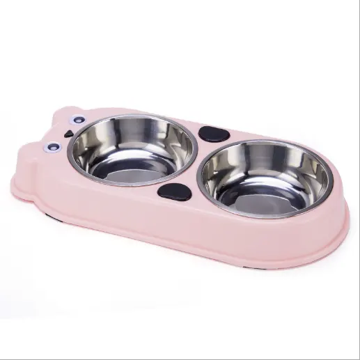Dual Stainless Steel Pet Cat Dog Feeding Bowl Food Water Holder Feeder Dish Double Bowls Anti Slip Pad Puppy Kitty Plate