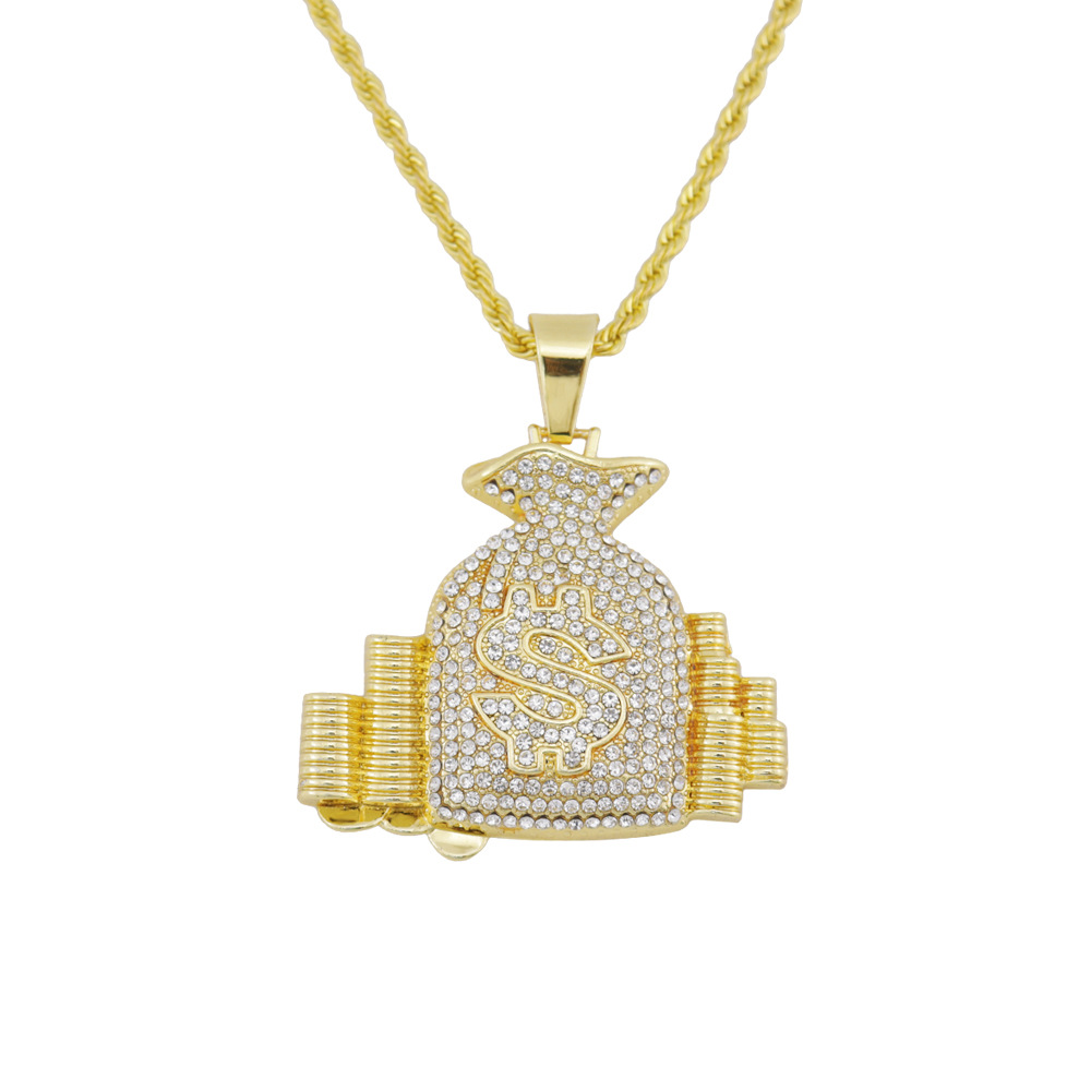 Hot Sale Luxury Jewelry alloy Diamond Dollar purse hiphop Iced Out Pendant Necklace For Men