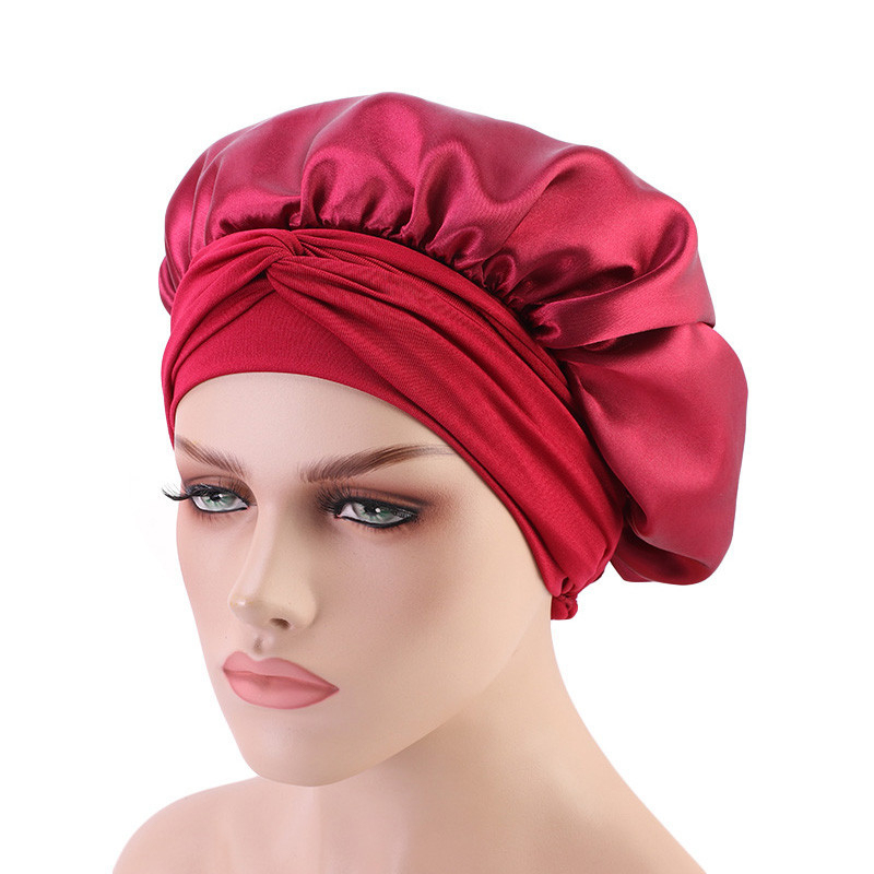 Solid Satin Bonnet with Wide Stretch Ties Long Hair Care Women Night Sleep Hat Adjust Hair Styling Cap Silk Head Wrap Shower Cap
