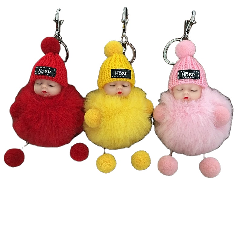 cheap cute cotton sleeping baby doll pom pom keychain colorful