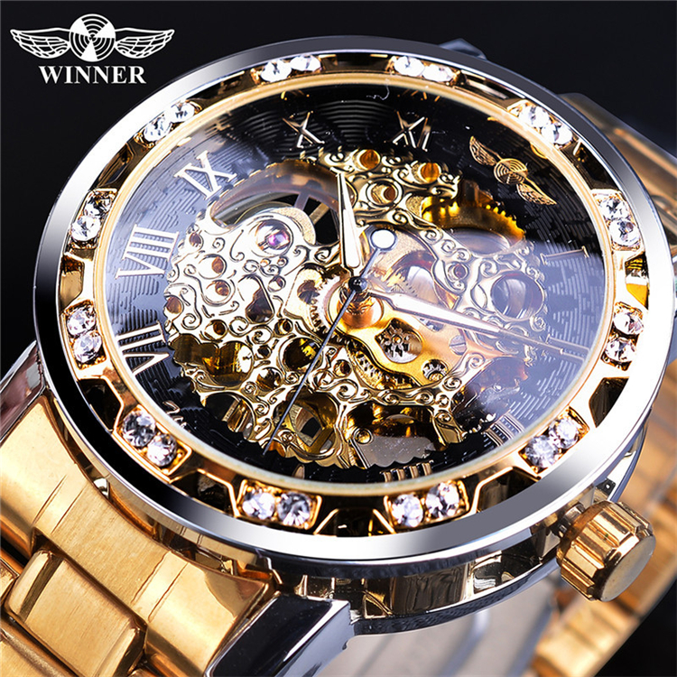 Winner Transparent Steel Diamond Watches Gear Movement Royal Design Men Top Brand Luxury Male Mechanical Skeleton Wrist Watch