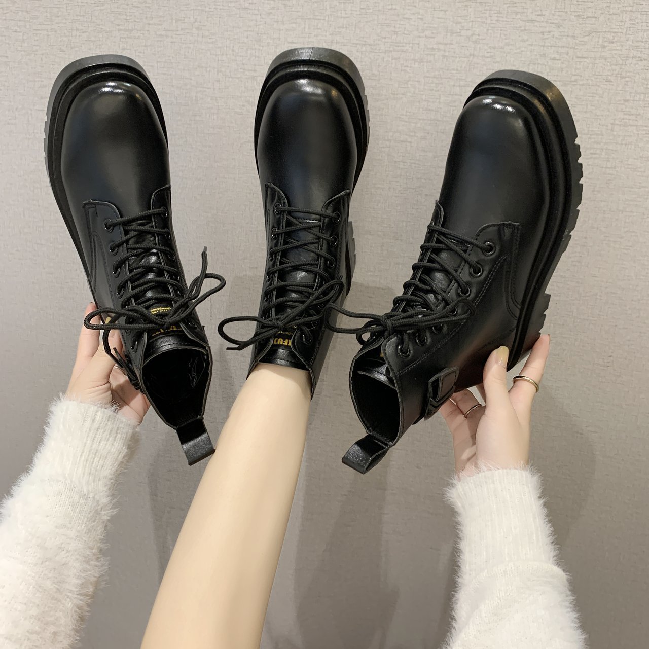 Round Toe Med Heel Boots Women Shoes Winter Boots-Women Booties Ladies Lace Up Luxury Designer Lolita Black 2021 Rubber Flat