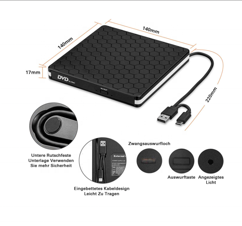 Внешний CD привод USB 3,0 портативный CD/DVD +/-RW тонкий DVD/компакт-диске RW горелки Совместимость с ноутбука, настольного компьютера, ПК, TYPE-C