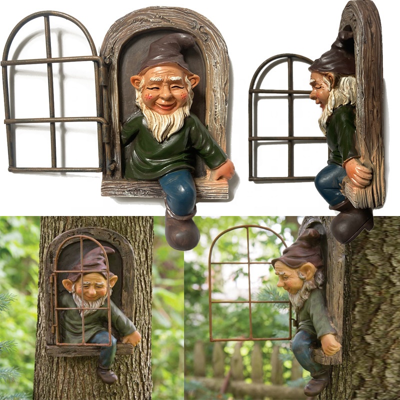 Mini Resin Garden Gnome Elf Tree Statue Out The Door Tree Hugger Ornaments fit for Tree Sculpture Indoor Garden Decoration