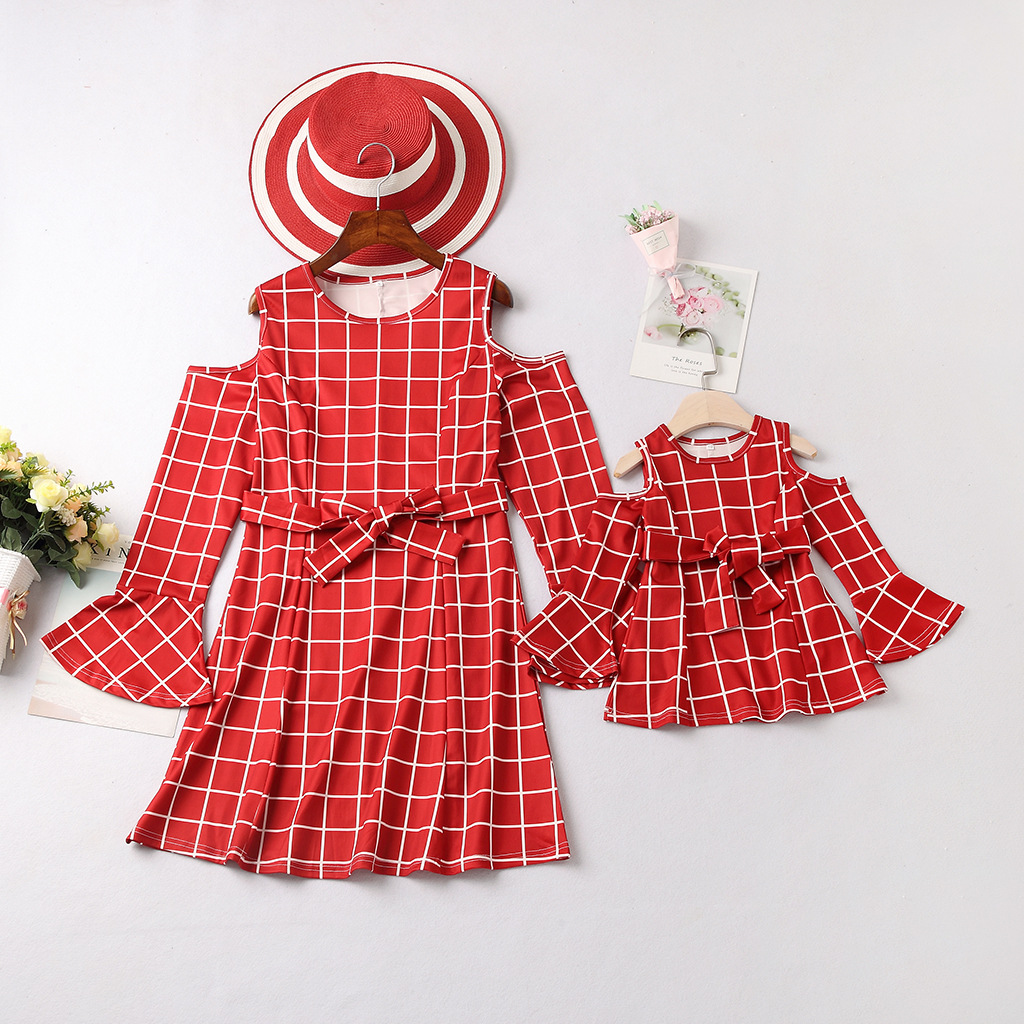 Fashionable Spring Summer Parent Child Skirt Long Sleeve Strapless Lattice Mom Girl Dress Family Outfits