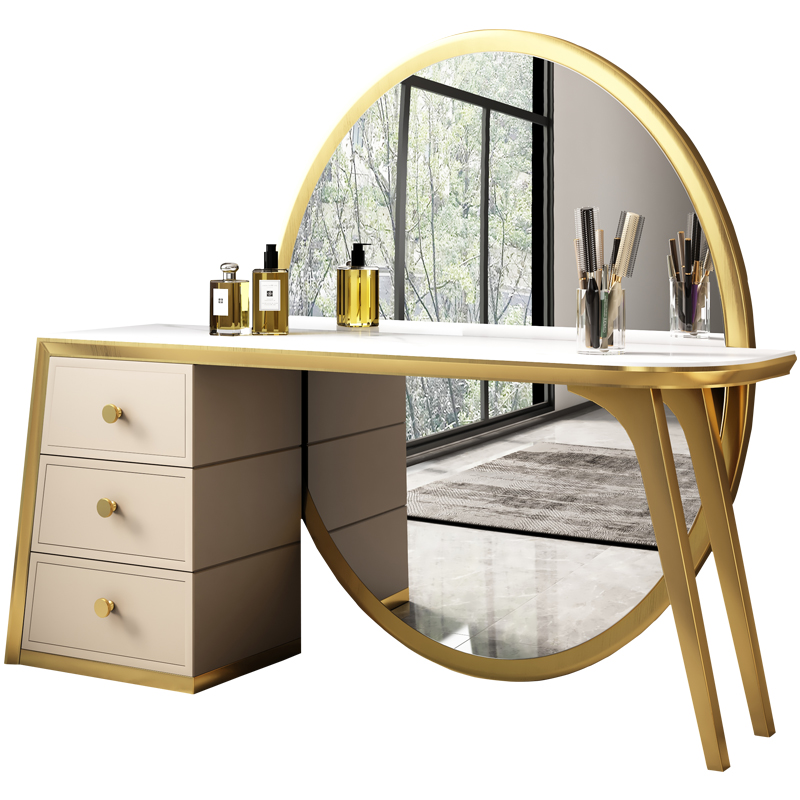 Big Round Mirror Bedroom Make up Table Luxury Modern Dressing Table Leather Dressing Vanity Table with Drawer