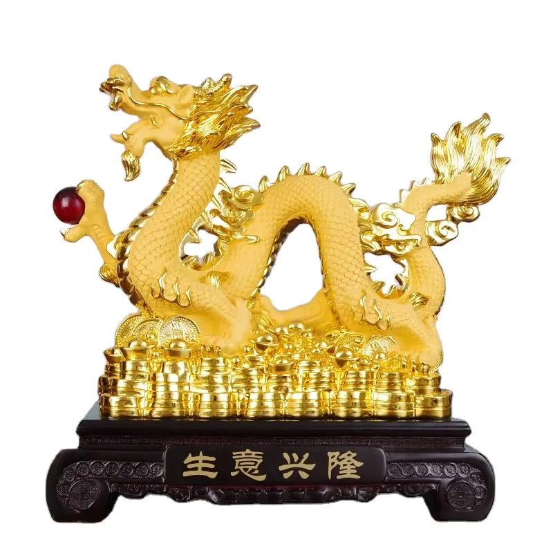 Chinese Traditional Fengshui Poly Resin Home Decoration Sculpture Gold Dragon Sculpture