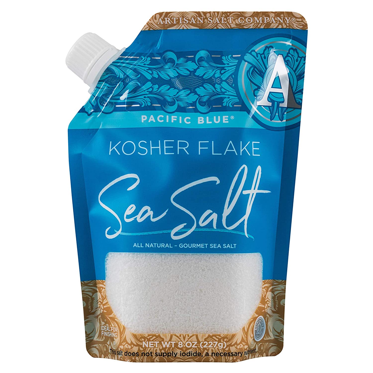Ship from USA Stock Organic Pack Bag All Natural Artisan Pour Spout Pouch 8 Ounce Kosher Flake Pacific Blue Sea Salt