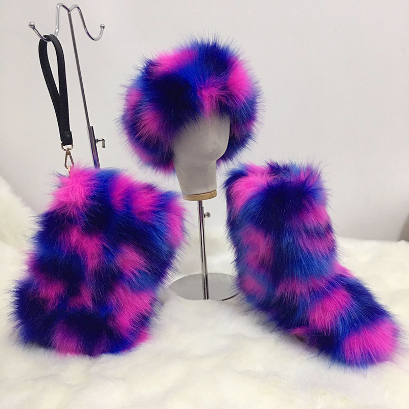Wholesale high quality women fall winter red white fur set boots and purse headbands