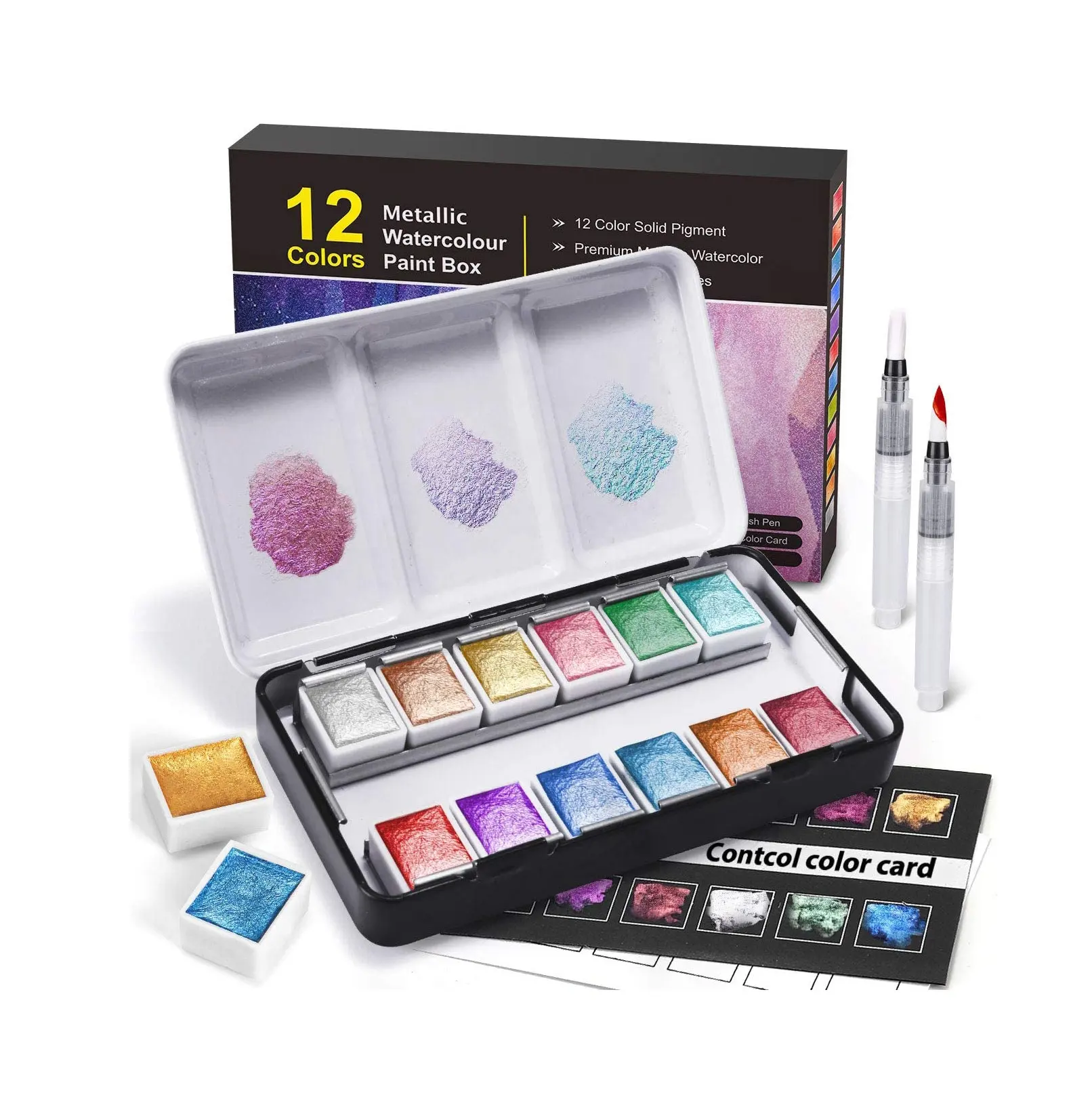 professional 12 colors glitter metallic watercolor paint with paint brushes for designer