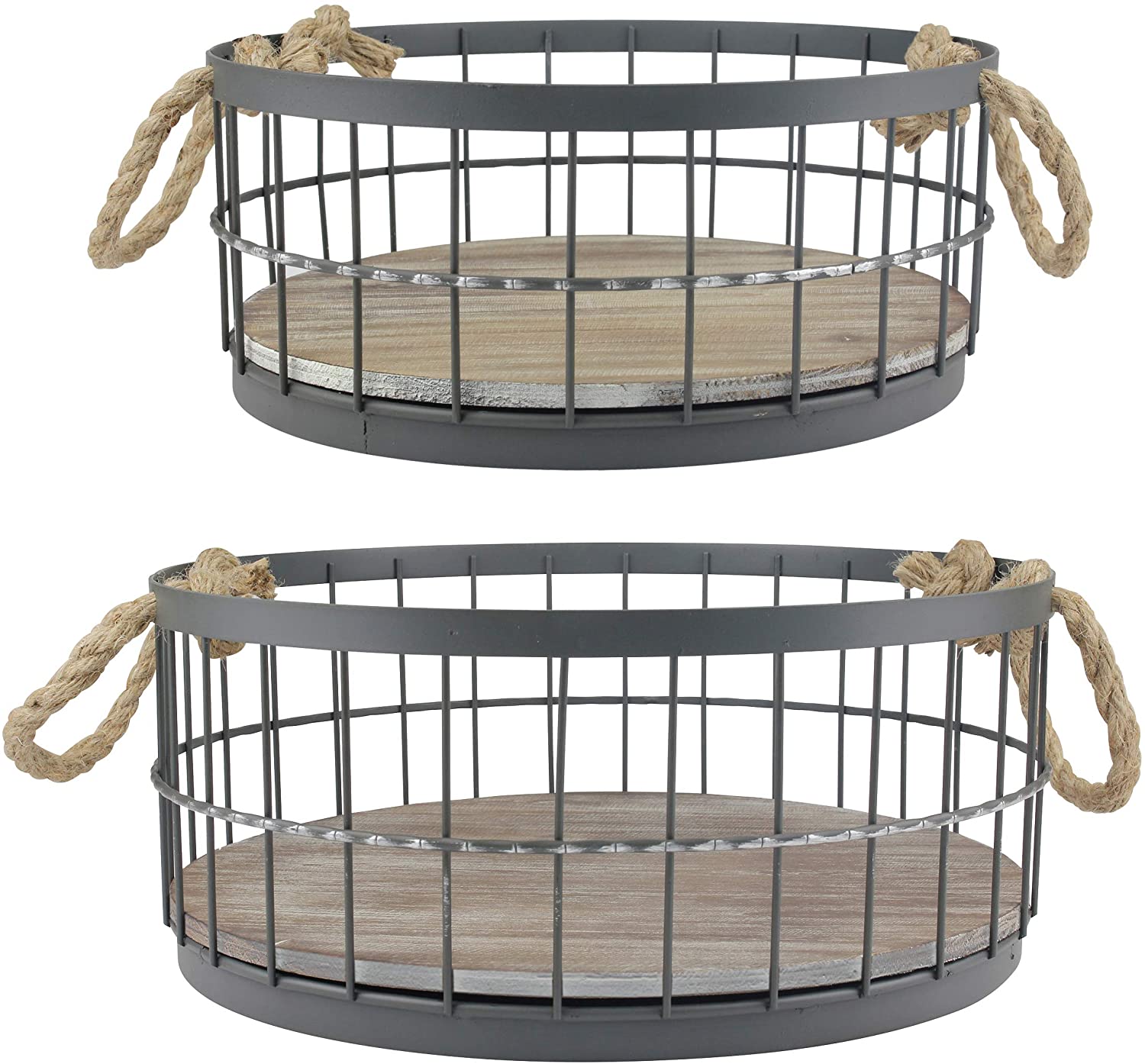 2pc Round Stackable Metal Wire and Wood Basket Set with Rope Handles, Rustic Decor for Home Storage Decorative Serving Baskets