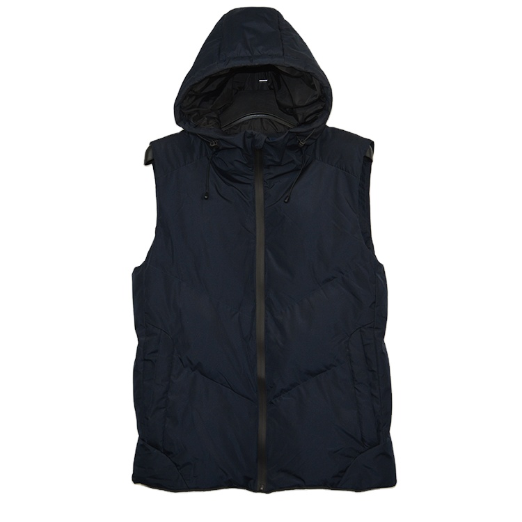 Customized size thick black warm padded winter sleeveless vest outdoor hooded puffer vest for men