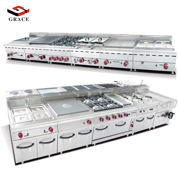 Commercial Kitchen 900 Series Large Capacity High Power 4 Basins Gas Bain Marie With Cabinet