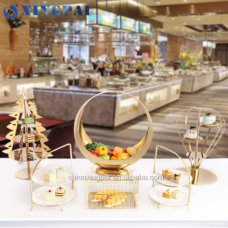 XINGPAI christmas tree pastry cake decoration luxury buffet display risers unique gold cake stand set for party banquet