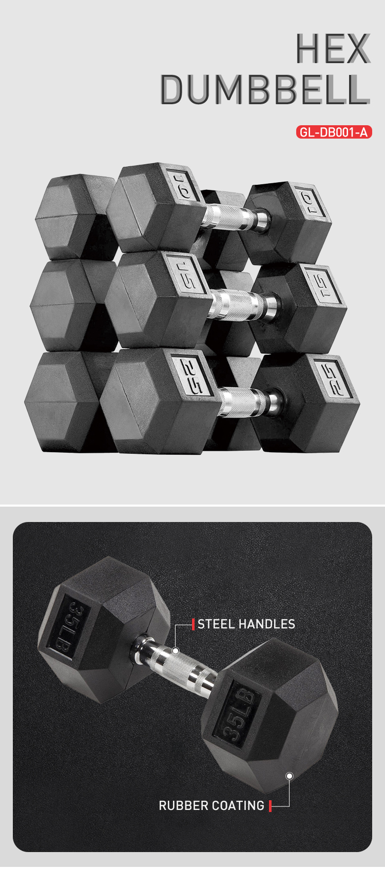 Black Rubber Coated Hex Dumbbells Free Weight Gym Equipment Steel Handle Dumbbell Workout Strength Weights