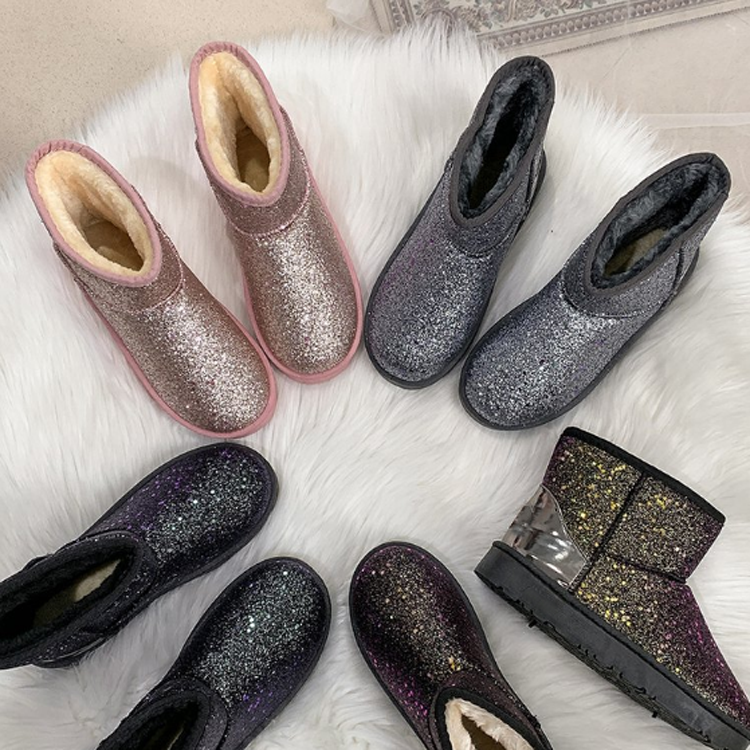 New Fashion Custom Winter Warm Cozy Women Shoes Pink Faux Fur Ankle Bling Bling Snow Boots