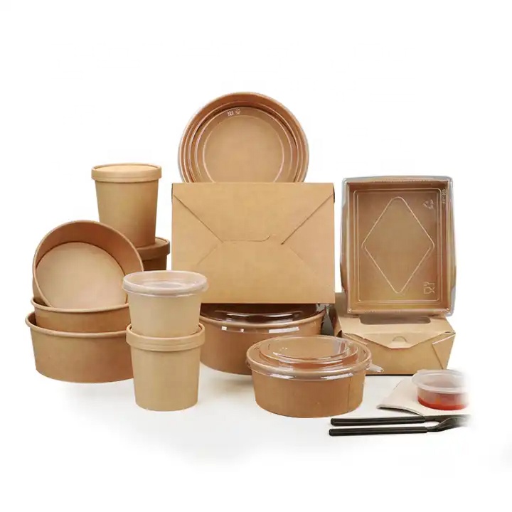 Disposable Take Away Kraft Paper Salad Bowl With PET Lid Kraft Paper Bowl
