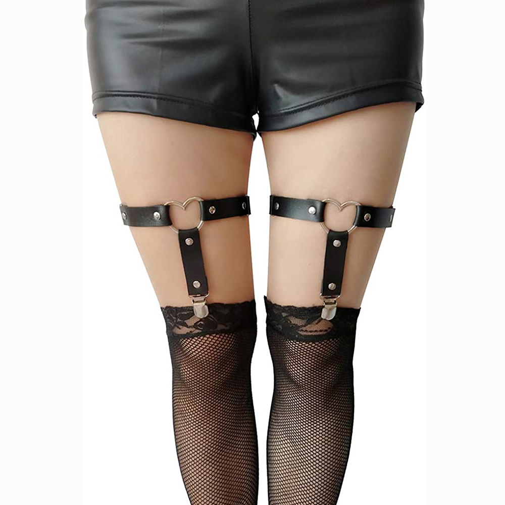 Leather Garters Belt Adjustable Love Heart Leg Garter with Buckle Anti-Slip Clips Elastic Punk