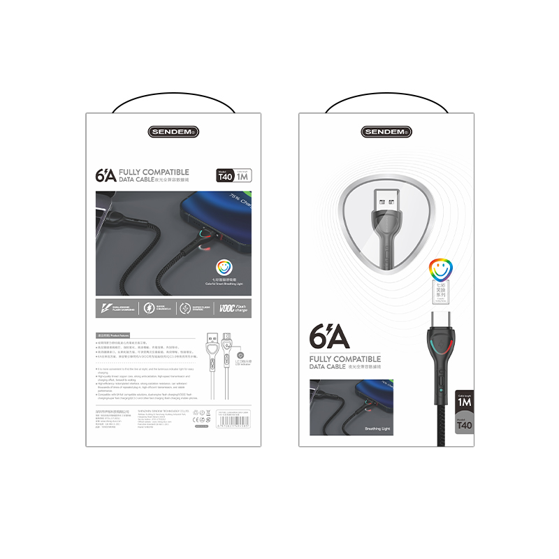 6A Usb Braided wire For Fast charge Data Line Type-C charging port USB Cable With Gradient luminous LED Design