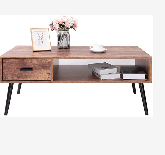 Mid-Century Coffee Table with Drawer and Storage Shelf for Living Room, Wood Cocktail Table, Accent Table for Reception Room