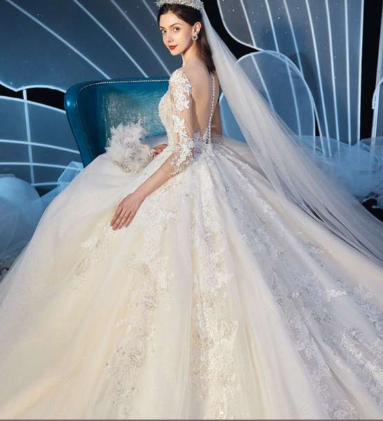 Latest 3/4 Long Sleeve Luxury Lace Ball Gown Princess Bridal Wedding Dress Gowns