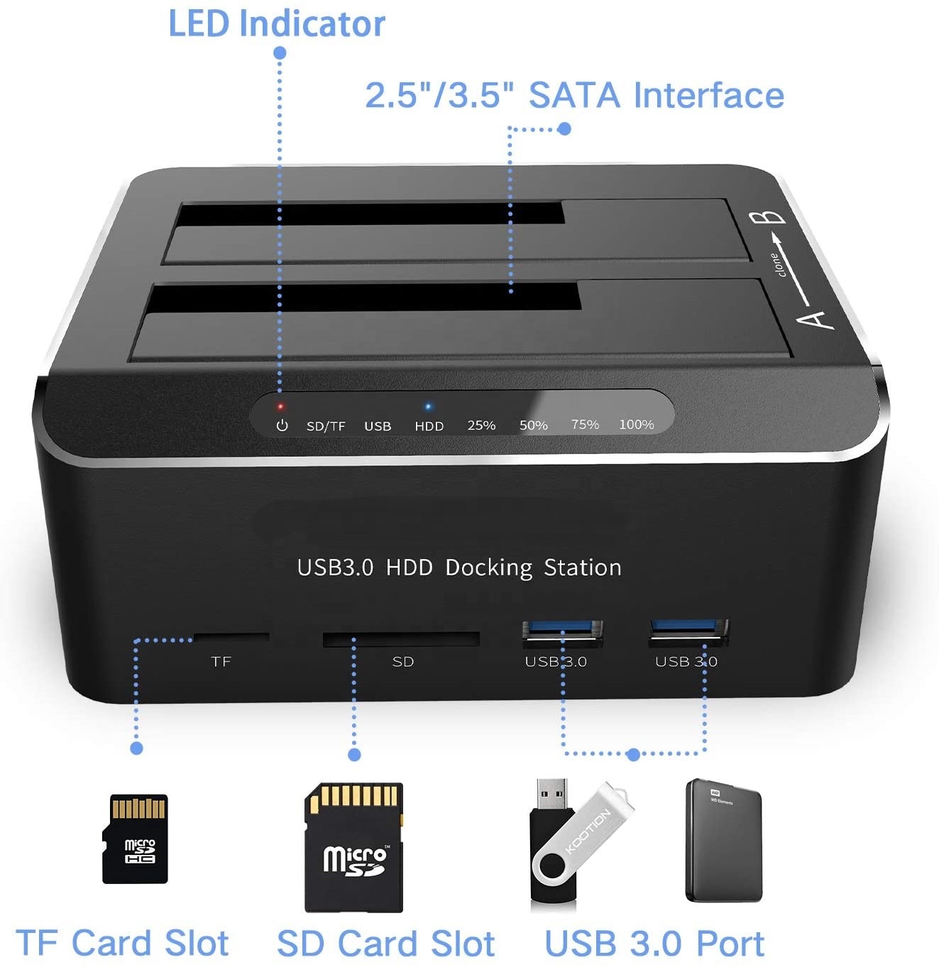 Док-станция для внешних жестких дисков с USB 3,0 на sata dual bay и кардридером SD TF для 2,5 и 3,5 дюймовых HDD SSD