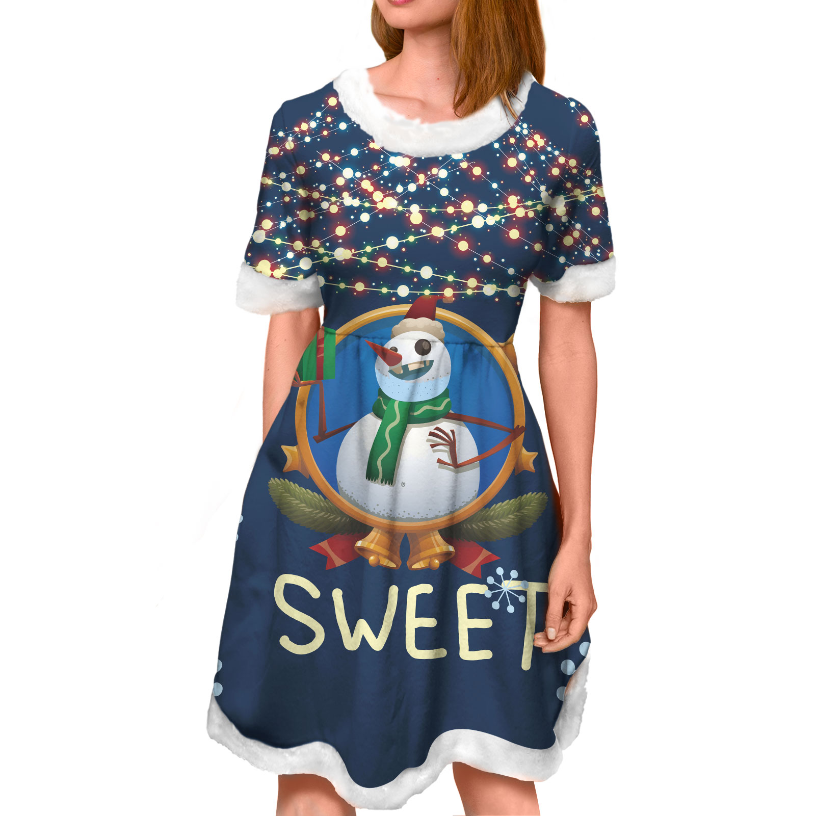 2021Hot Selling Party Christmas Pattern Women Luxury Dress Snowman Christmas Tree Print On Demad Short Elegant Mini Dress Custom