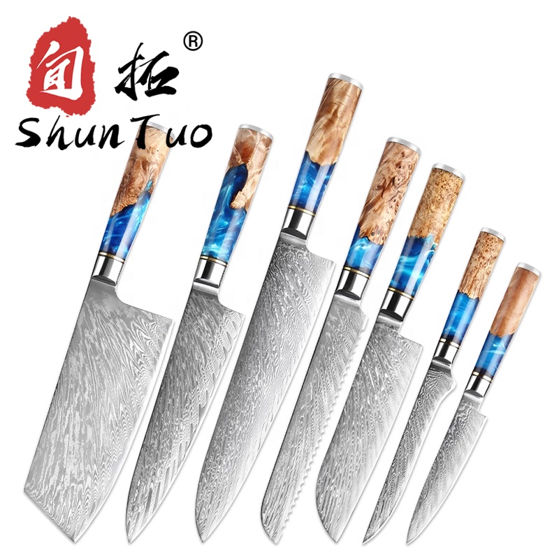 Shuntuo 7 шт хлеба нож обвалочный разделочная сашими Santoku нож шеф-повара из нержавеющей стали из дамасской стали набор кухонных ножей