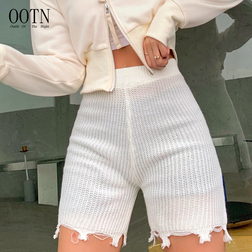 Женские летние трикотажные шорты OOTN, сексуальные рваные шорты с бахромой, женские трикотажные эластичные модные трикотажные байкерские облегающие шорты с высокой талией