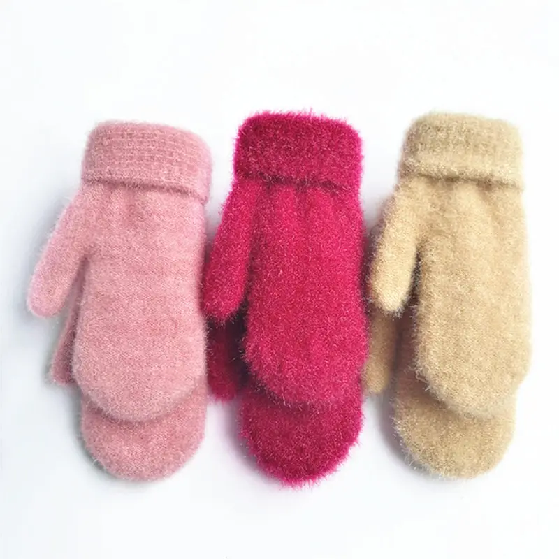 Winter Woolen Gloves Turn-up Brim Double Layered Thicken Faux Mink Yarn Knitted Mittens