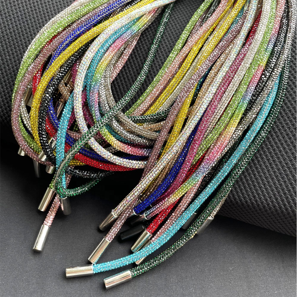 tr075 Custom fashion clothing accessories draw cord 120 cm rhinestone hoodie string with round end