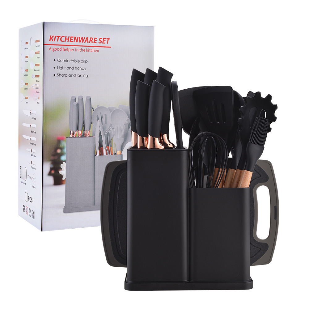 Wooden Handle Black Gadgets Heat Resistant Turner Tongs Spatula Spoon Nonstick Cookware 12 pcs Silicone Kitchen Utensils