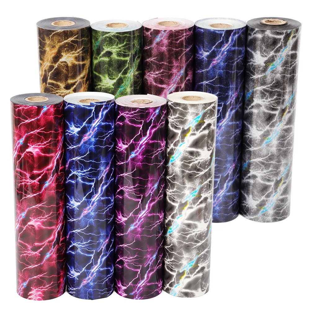 20inchx50Yard Rolls Gold Glitter Pattern Printing Lightning 3D PU Heat Transfer Vinyl Transfer Film For T-shirts Clothing
