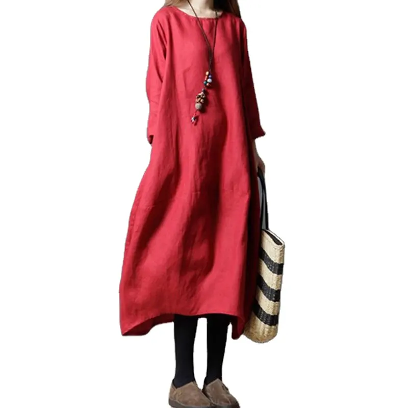 DA3216030 new women's dress Korean version of the loose large size cotton and linen long section long-sleeved round neck dress